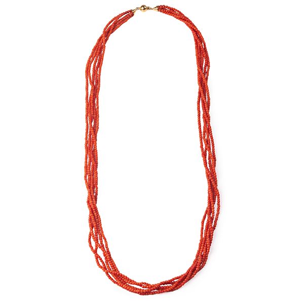 Long necklace in red coral and 18 kt yellow gold