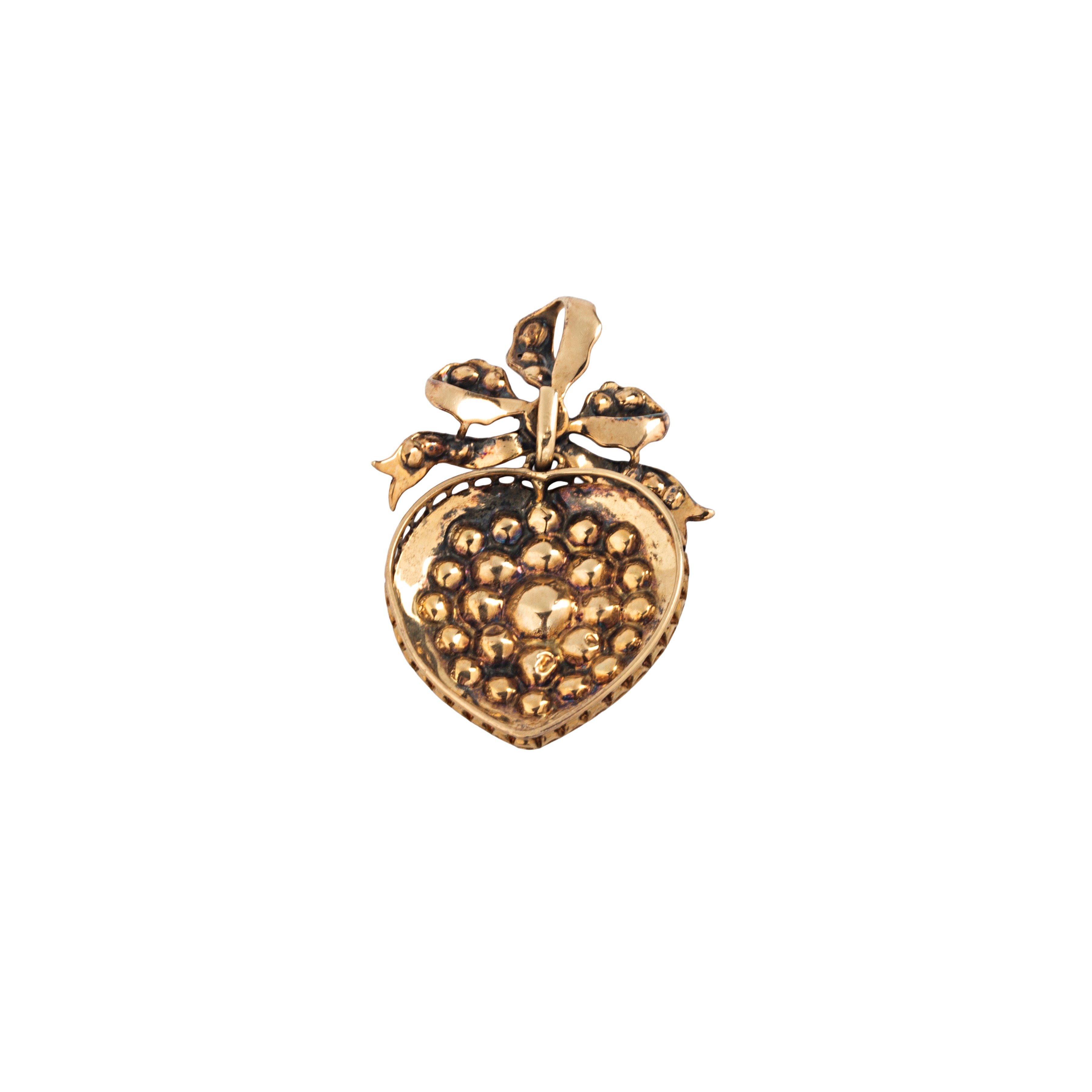 Pendente realizzato come un fiocco con cuore in oro rosa 18 kt, smalto nero e diamanti