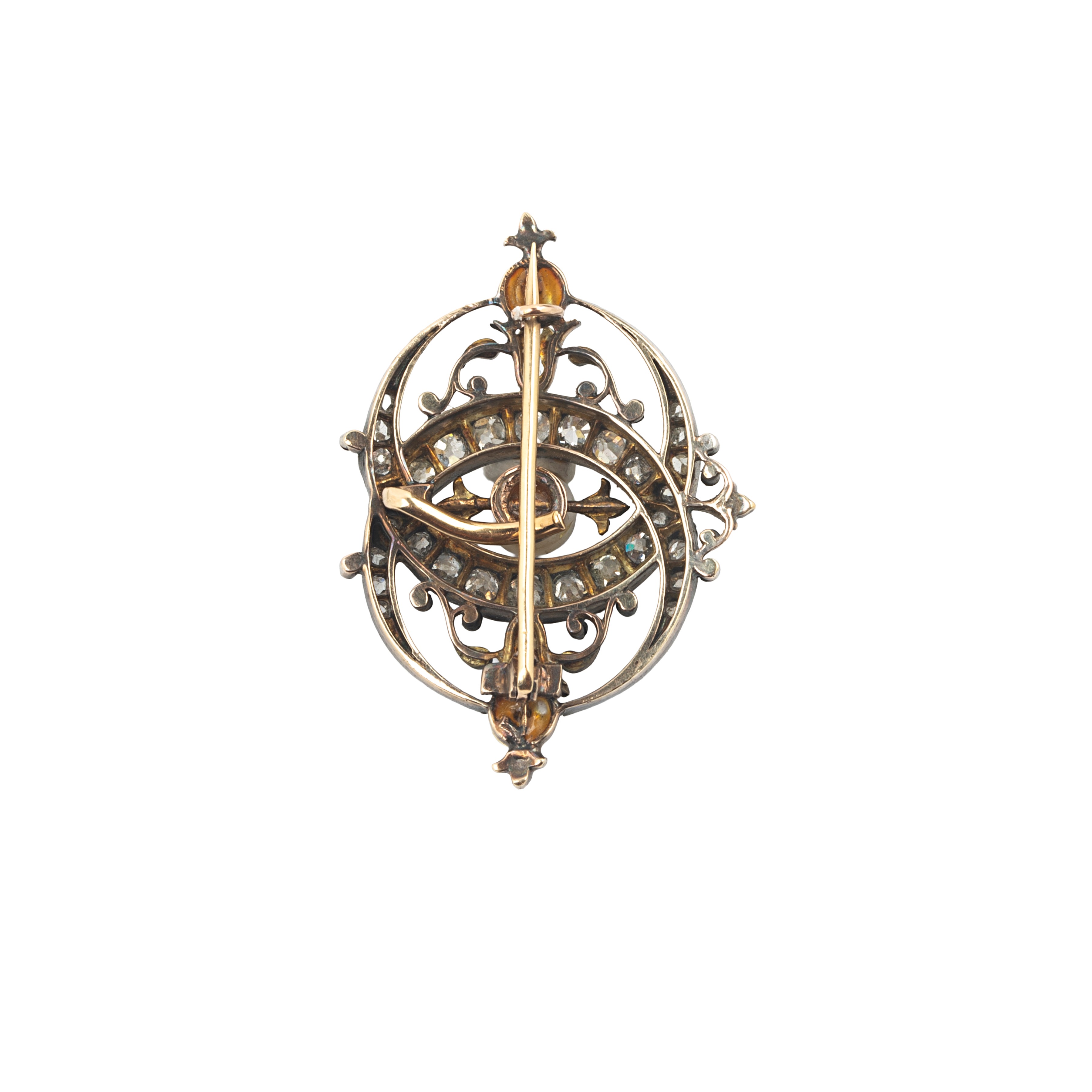 Spilla in oro basso, argento, diamanti e perle