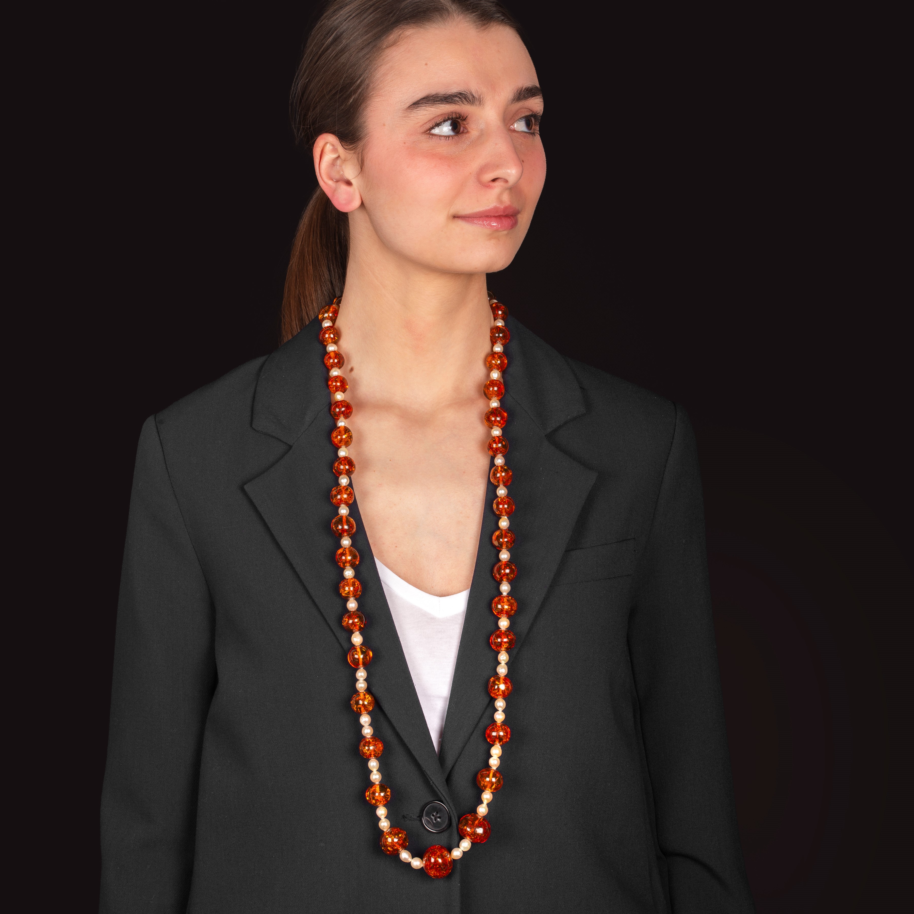 Collana in oro giallo 18 kt con ambra e perle coltivate