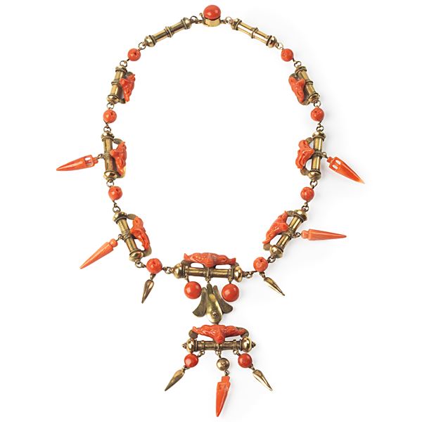 9kt yellow gold necklace and red coral charms