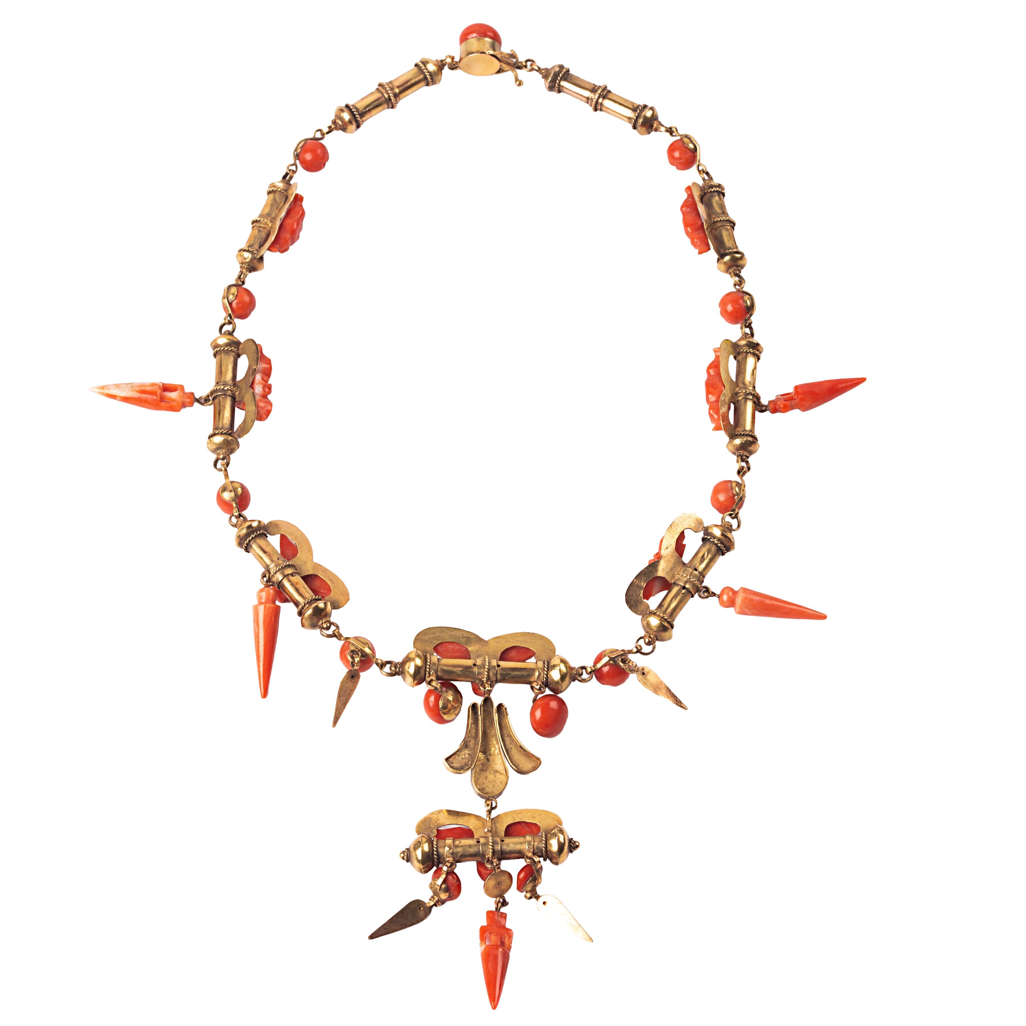 Collier in oro giallo a 9kt e charms in corallo rosso