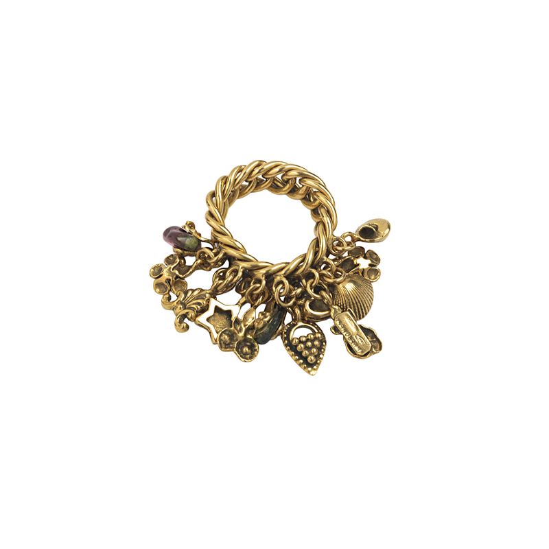 Anello da mignolo in oro giallo 18 kt con charms in oro 18 kt e pietre