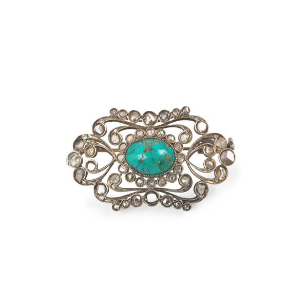 Brooch in silver, diamonds and turquoise
