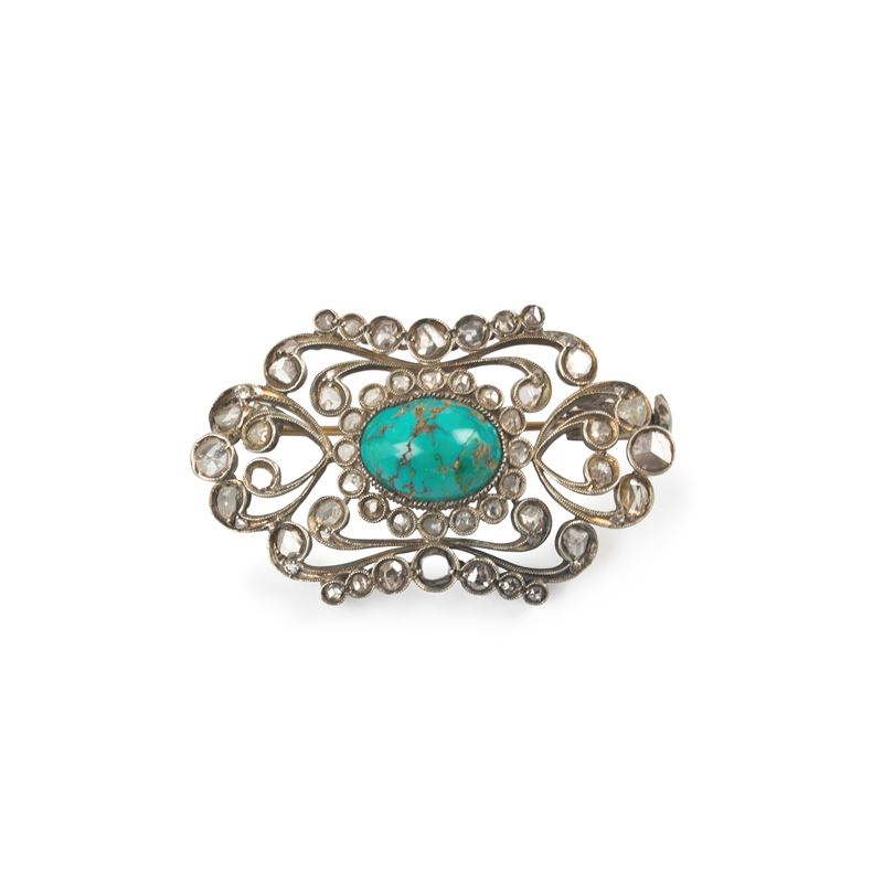 Spilla in argento con diamanti e turchese, Prima metà del XX secolo