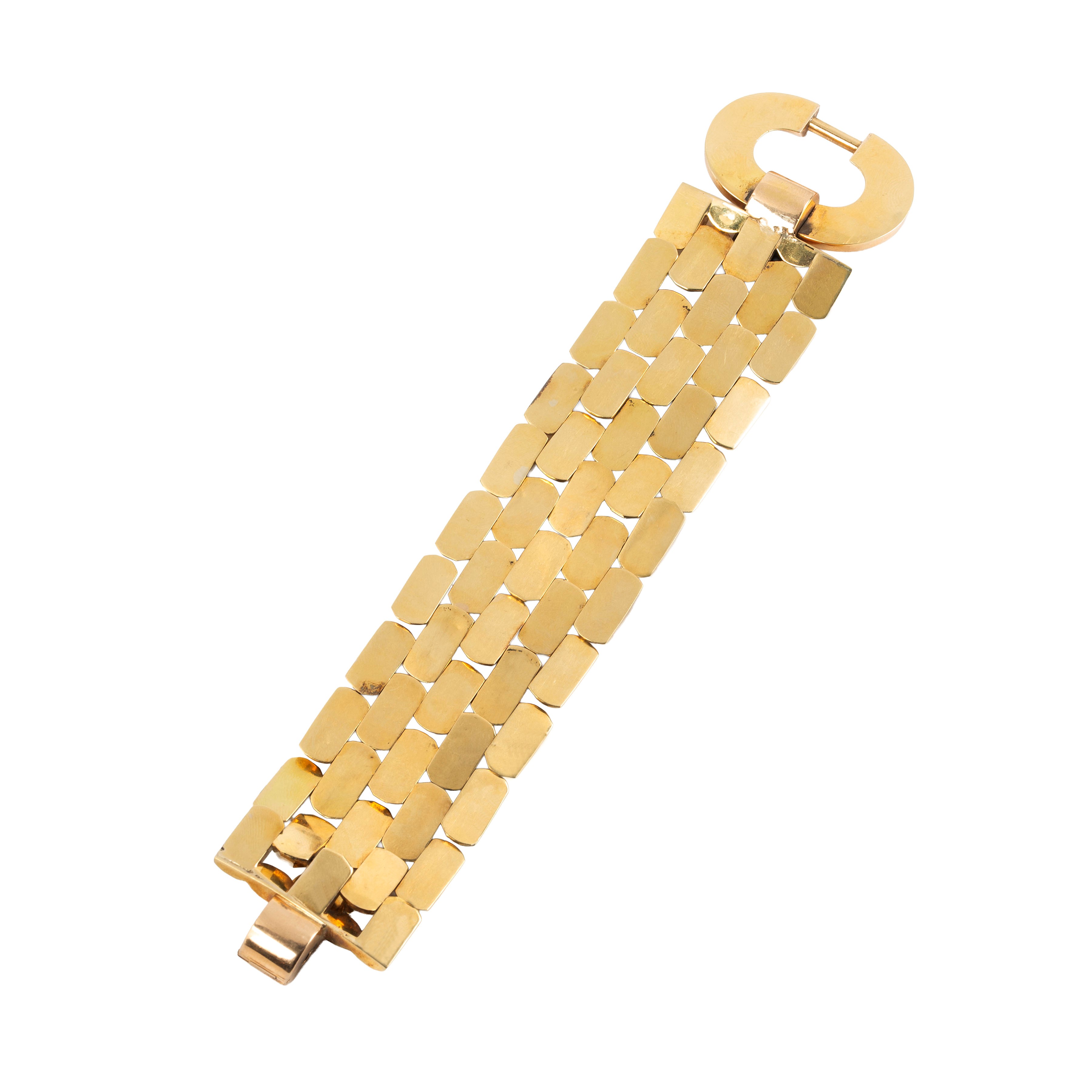 Bracciale a maglie bombate e sfaccettate, oro rosa, giallo e bianco 18 kt, anni Quaranta