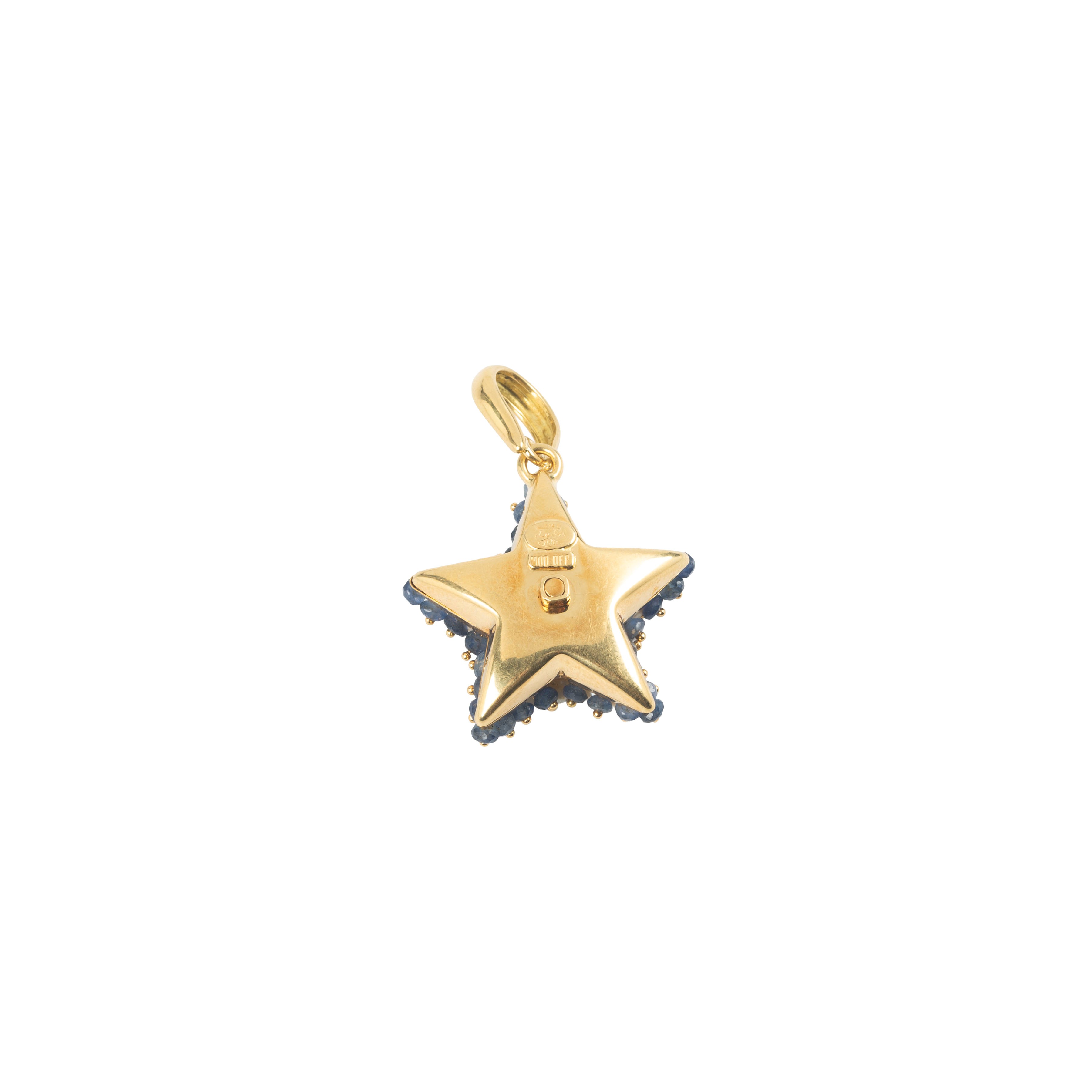 LeGi, Grande pendente Stella in oro giallo 18 kt con microperle e zaffiri