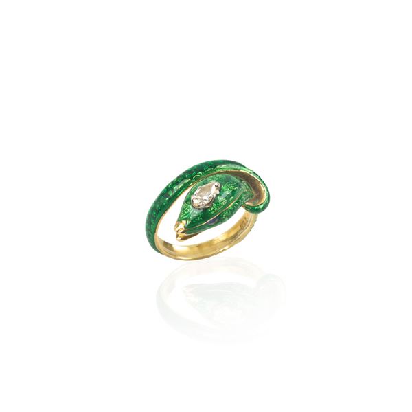 Snake ring in 18 kt yellow gold, green enamel and diamond