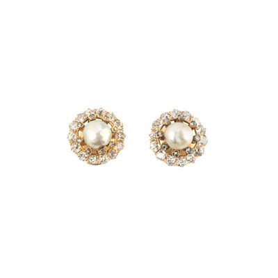 Paio di orecchini a margherita, oro giallo 18 kt, diamanti e perla