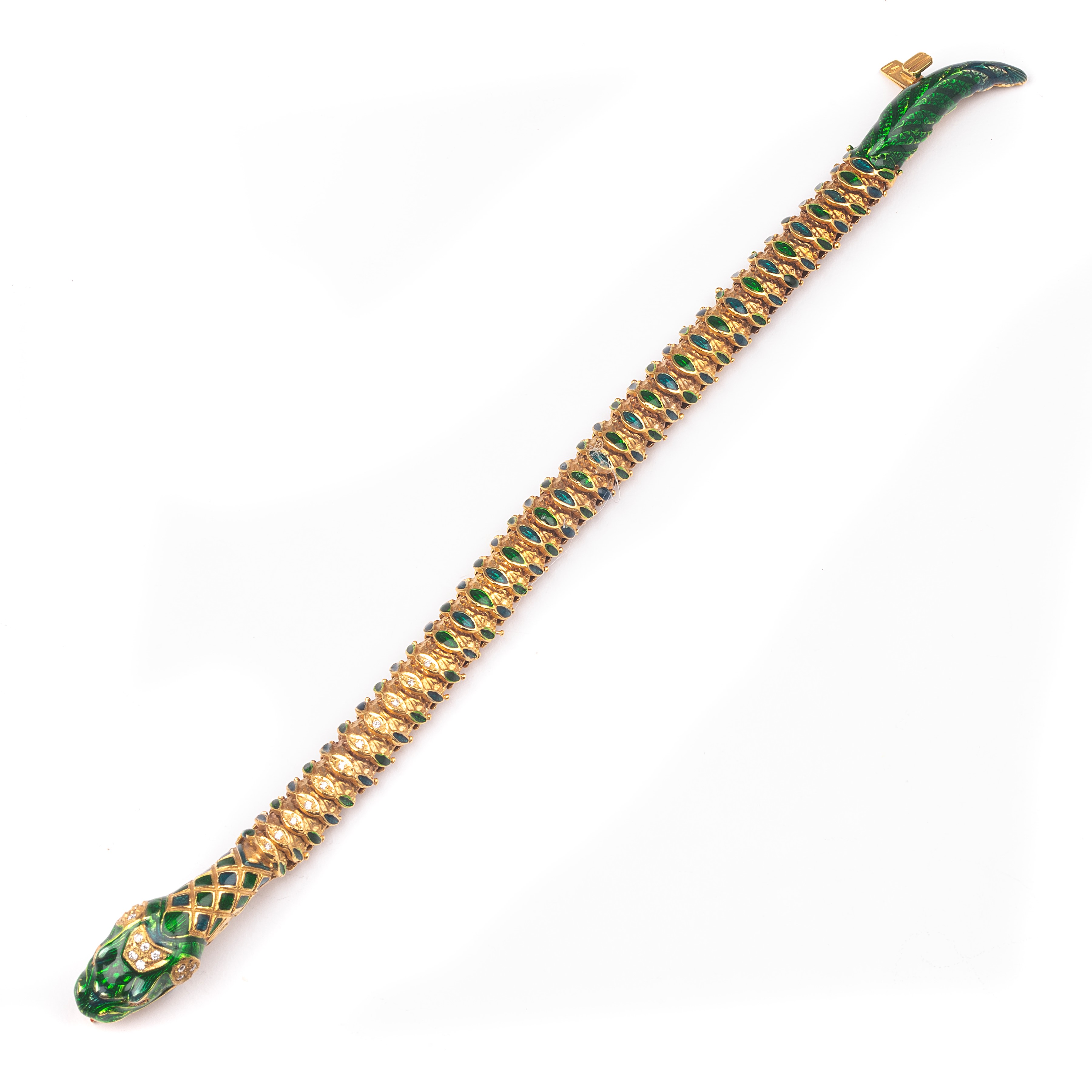 Bracciale snodabile a serpente in oro 14 kt con diamanti, rubini e smalto verde