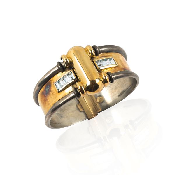 LA NOUVELLE BAGUE - Bracciale rigido in oro giallo 18 kt e argento, tormalina rosa e aquamarina