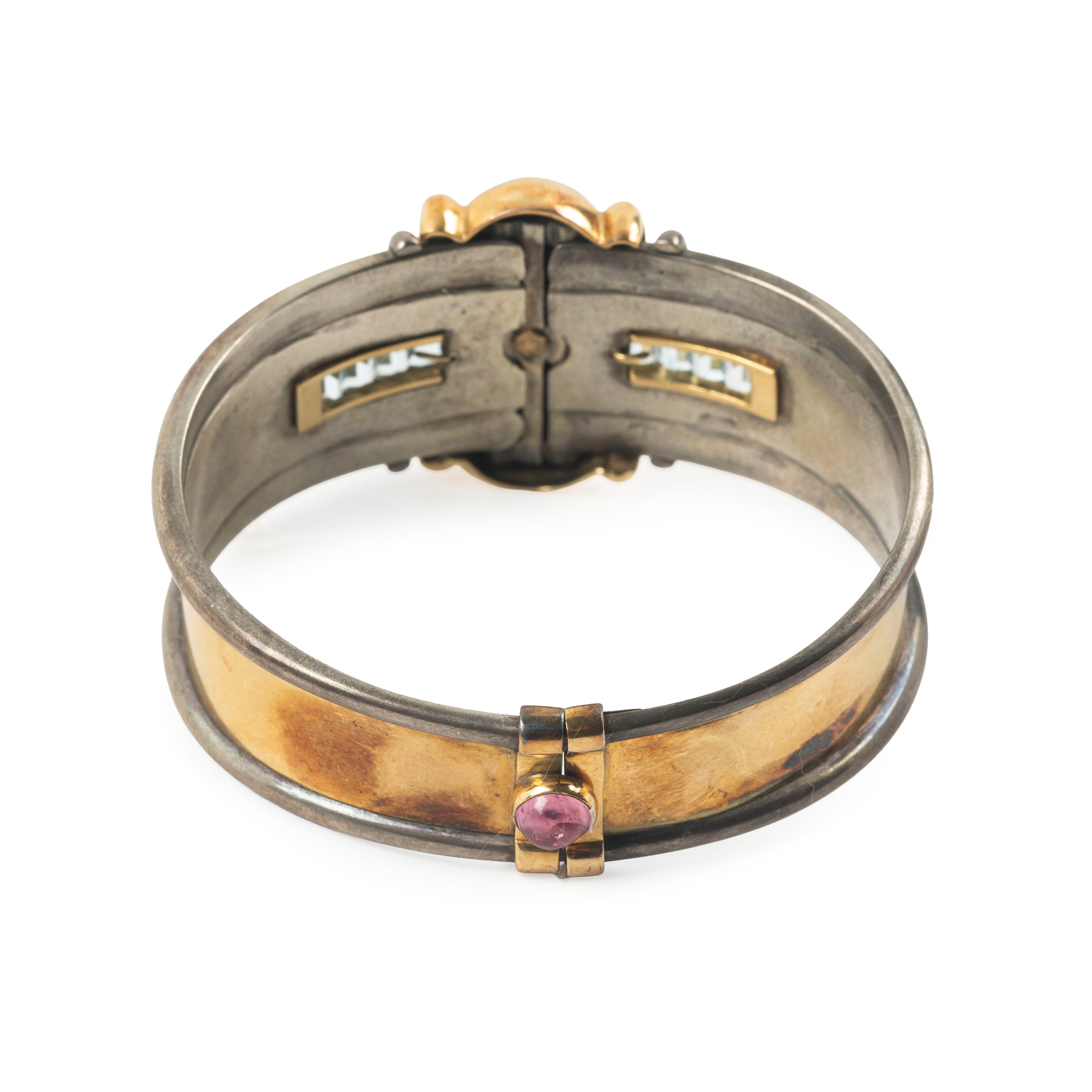 La Nouvelle Bague - Bracciale rigido in oro giallo 18 kt e argento con acquamarina e tormalina ro...