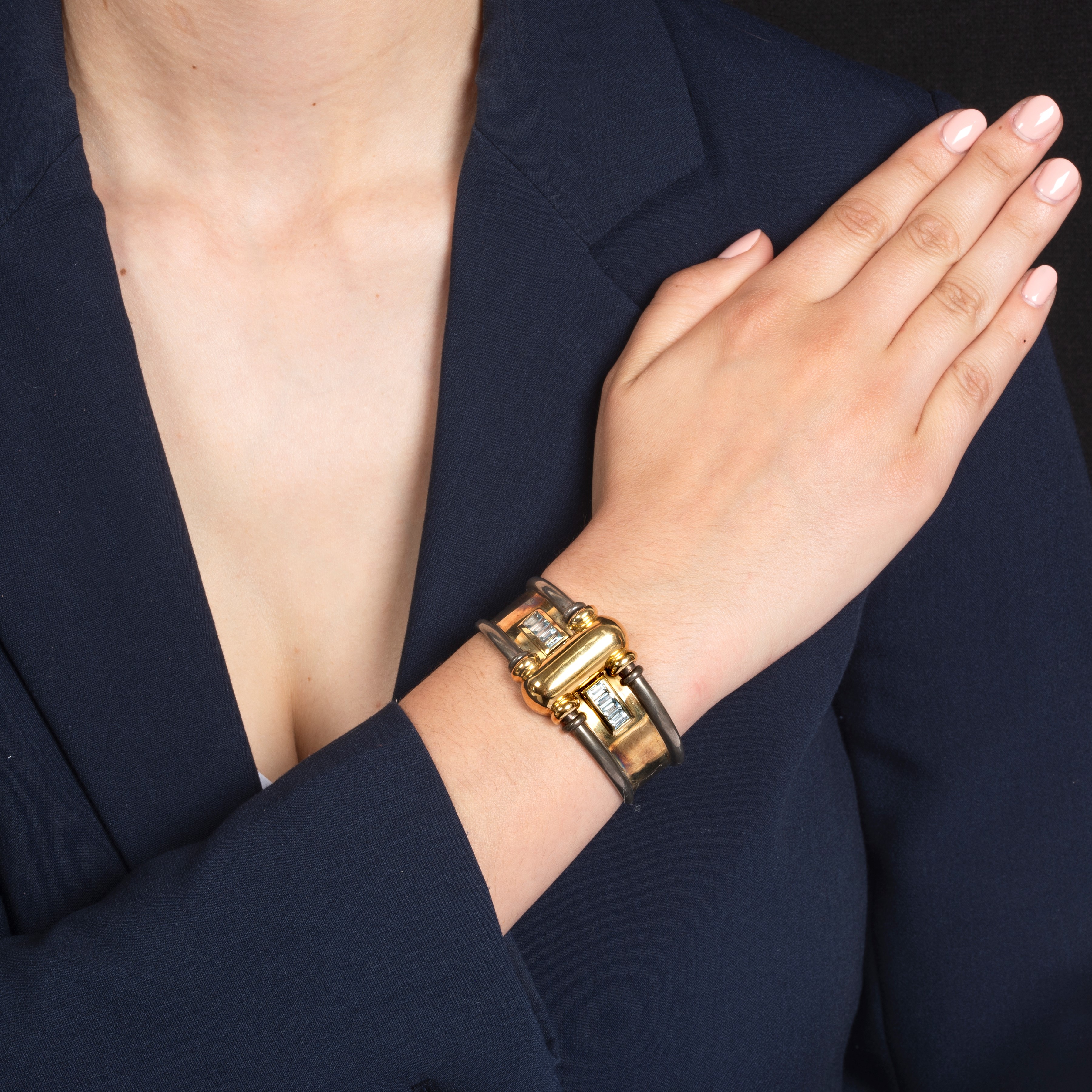 La Nouvelle Bague - Bracciale rigido in oro giallo 18 kt e argento con acquamarina e tormalina ro...