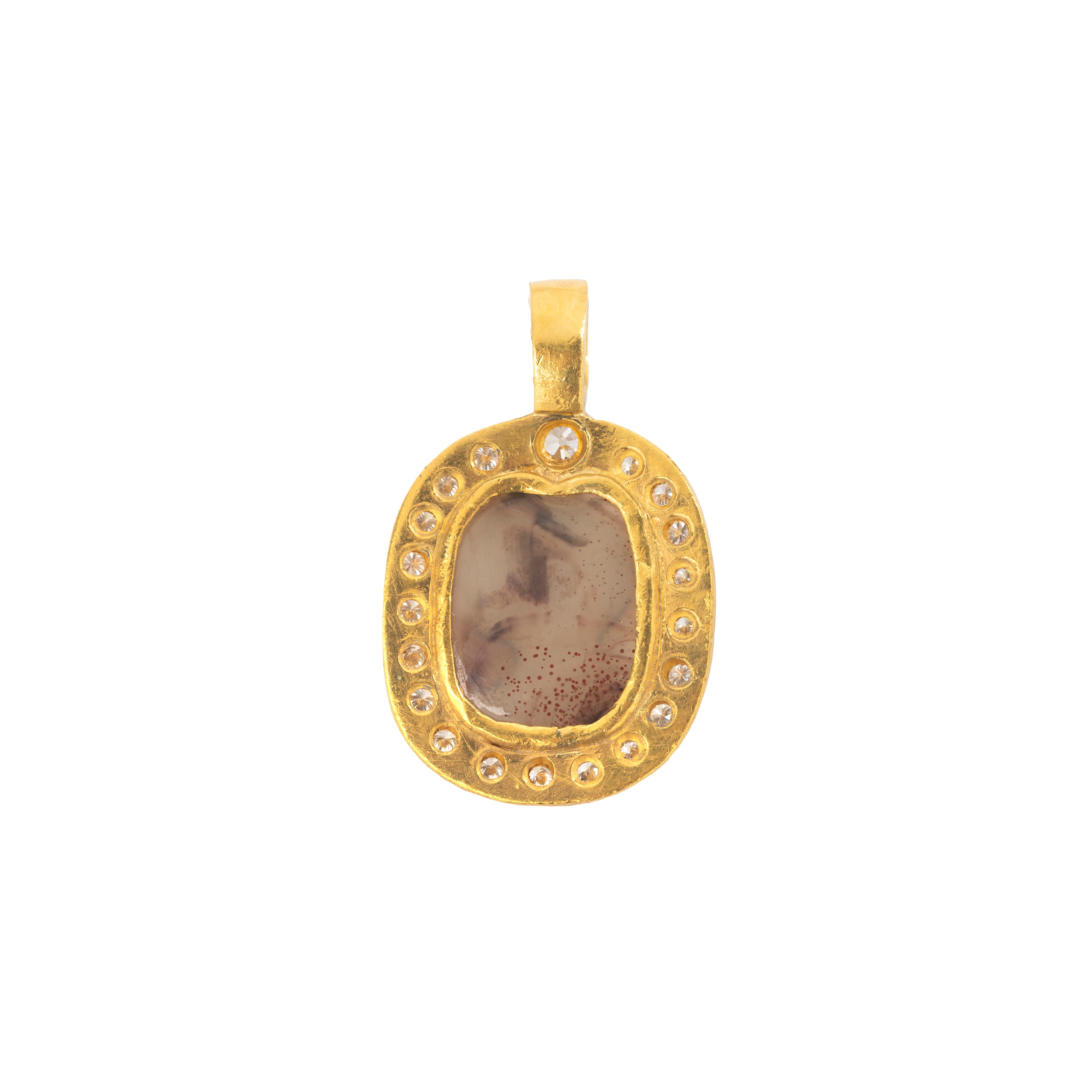 Pendente in oro giallo 18 kt con diamanti e cammeo, profilo femminile classico in agata