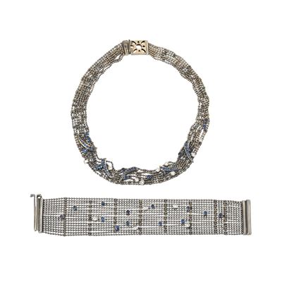 Fratelli Piccini, Girocollo e bracciale millefili in oro brunito 18 kt con diamanti e zaffiri