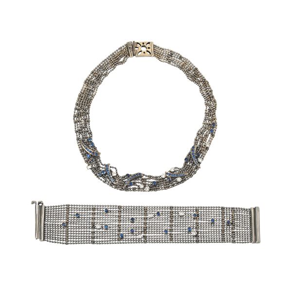 Millefili choker and bracelet in 18 kt burnished gold, diamonds and sapphires