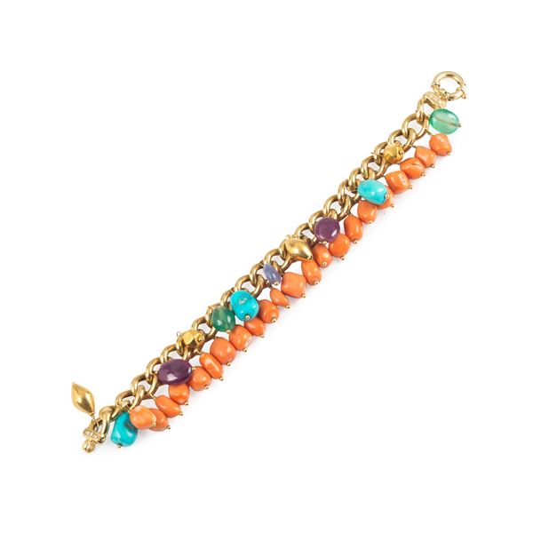 18 kt yellow gold link bracelet with coral charms, diamonds, turquoise, colored stones