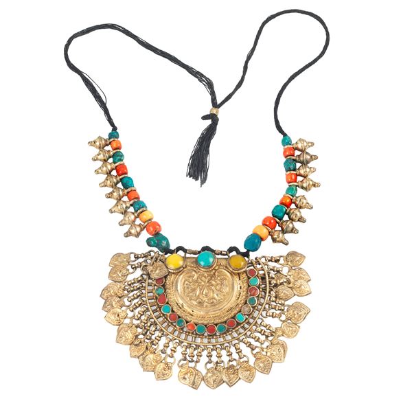 Large necklace in silver, metal, fabric, turquoise and semiprecious stones