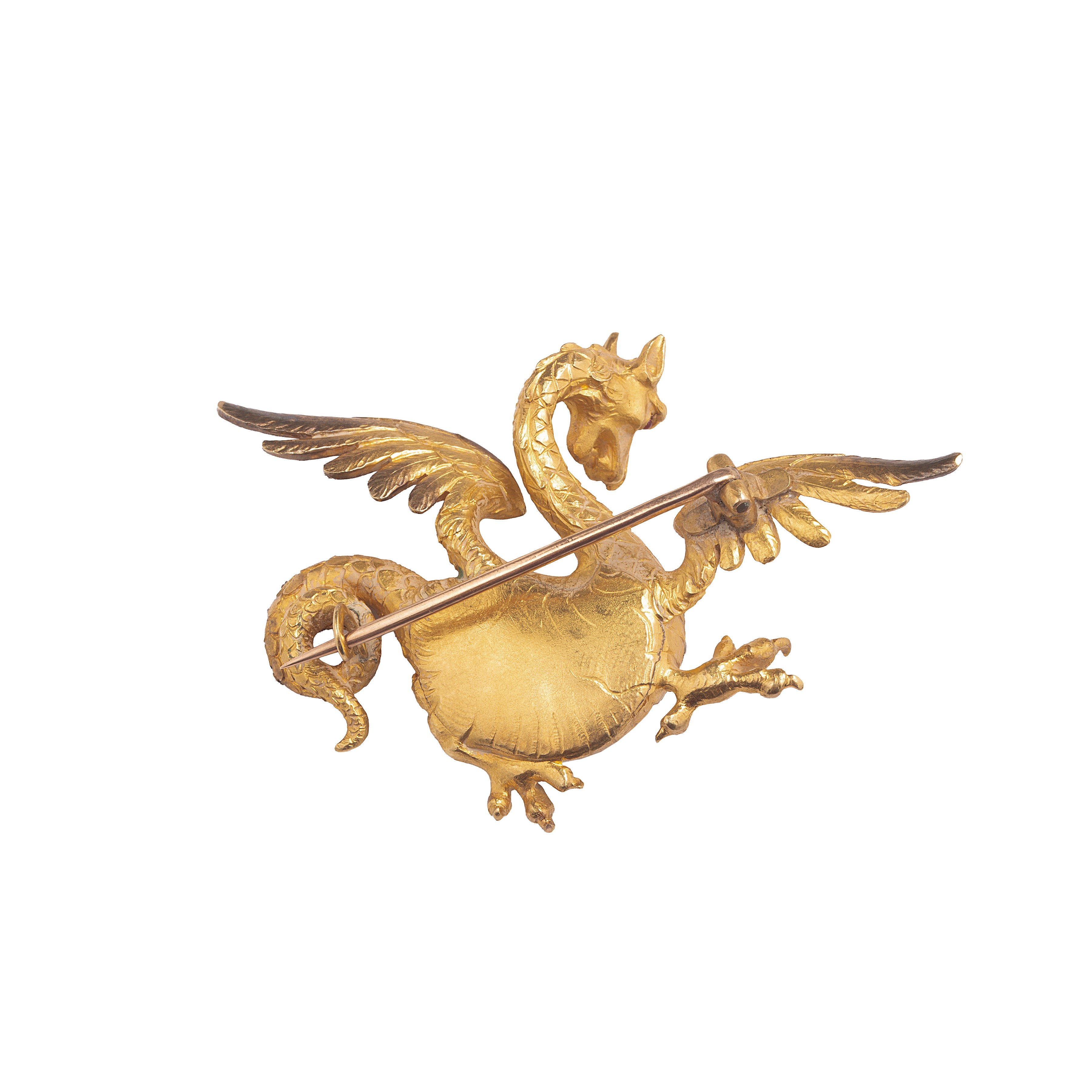 Grande spilla a drago in oro giallo 18 kt, diamanti, rubini e perla scaramazza