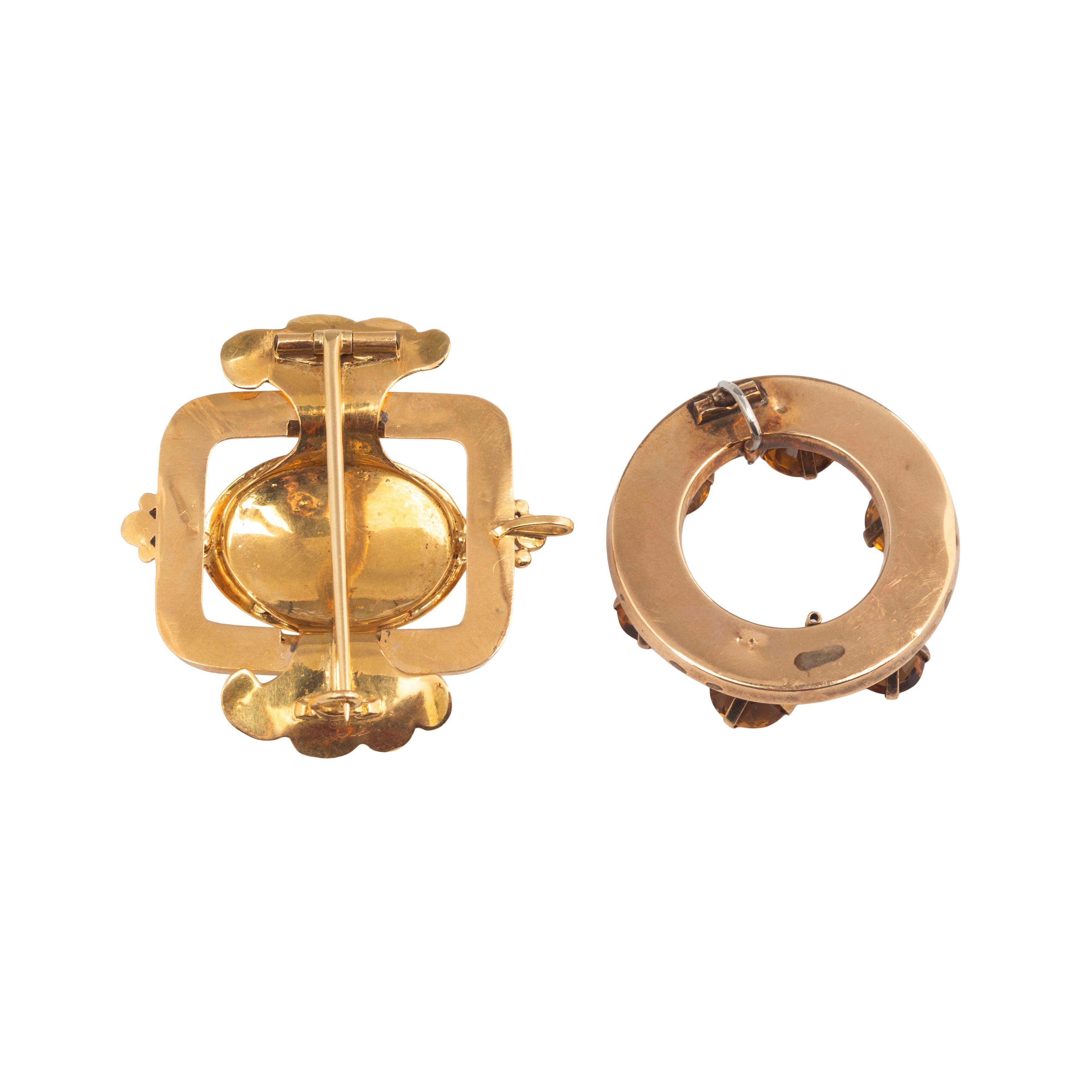 Spilla rettangolare in oro 18 kt con perle e pendente in oro 9 kt, quarzi gialli (inizio XX secol...