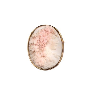 Spilla pendente con cammeo in conchiglia raffigurante Bacco, in oro giallo 18 kt
