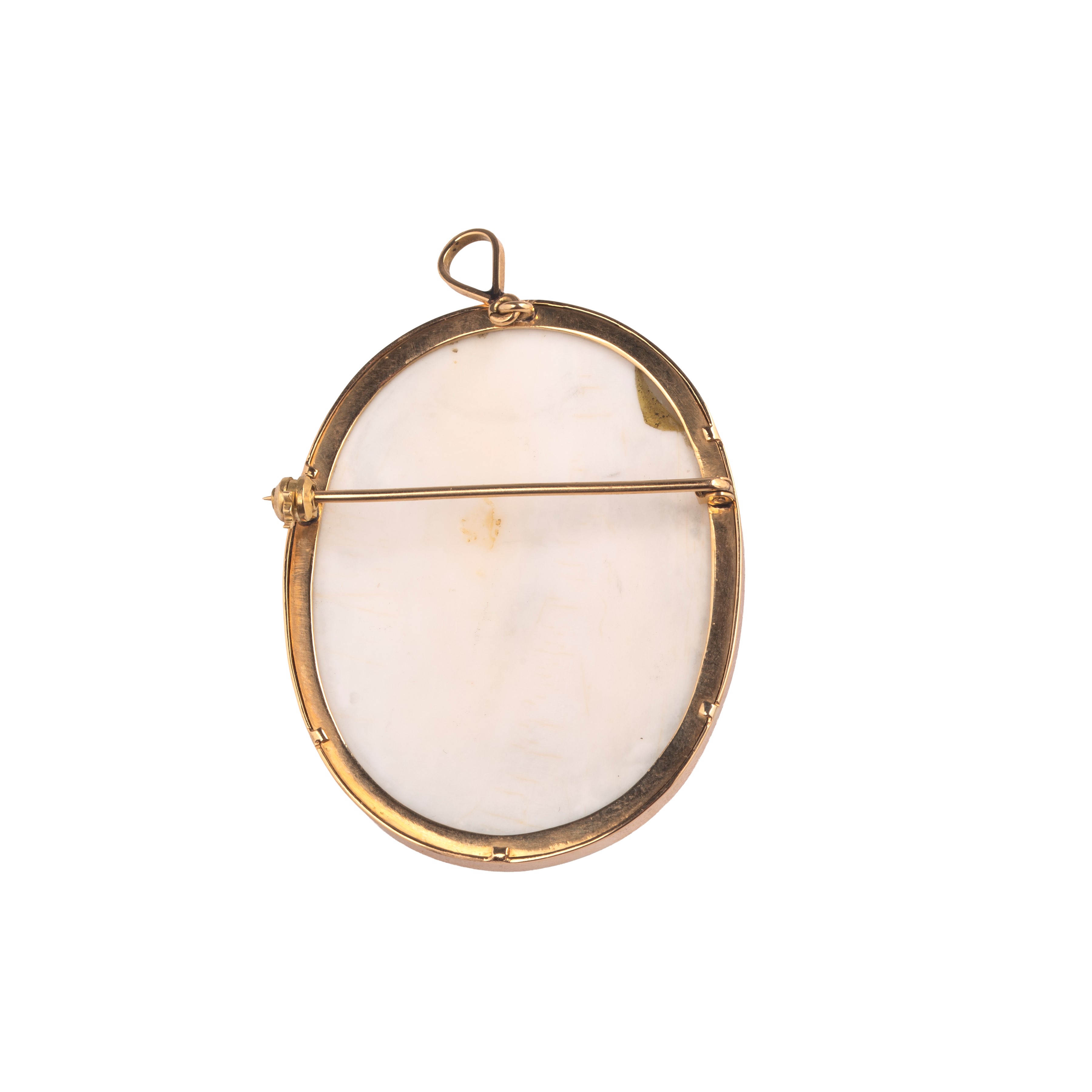 Spilla pendente con cammeo in conchiglia raffigurante Bacco, in oro giallo 18 kt
