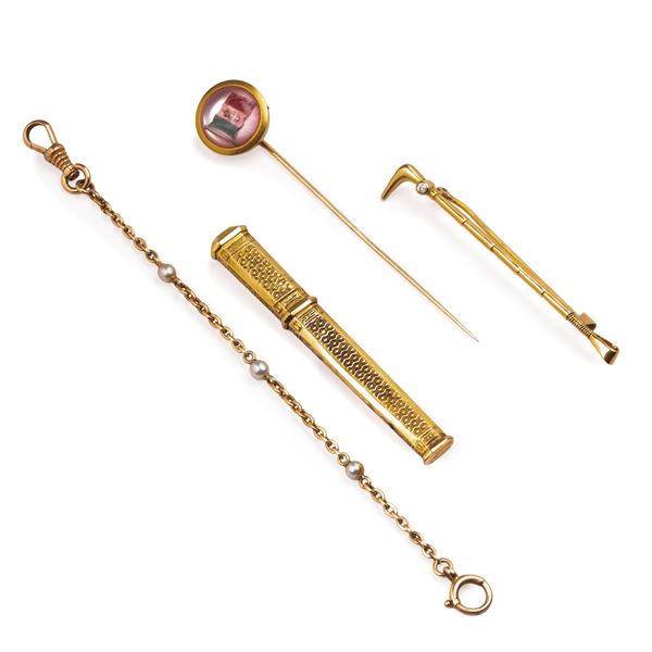 18K Gold and Base Gold Mechanical Pencil, Tie Pin, Coat of Arms Pin and Watch Chain