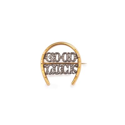 Spilla “Good Luck”, oro giallo 9 kt con diamanti e argento, inizio XX secolo