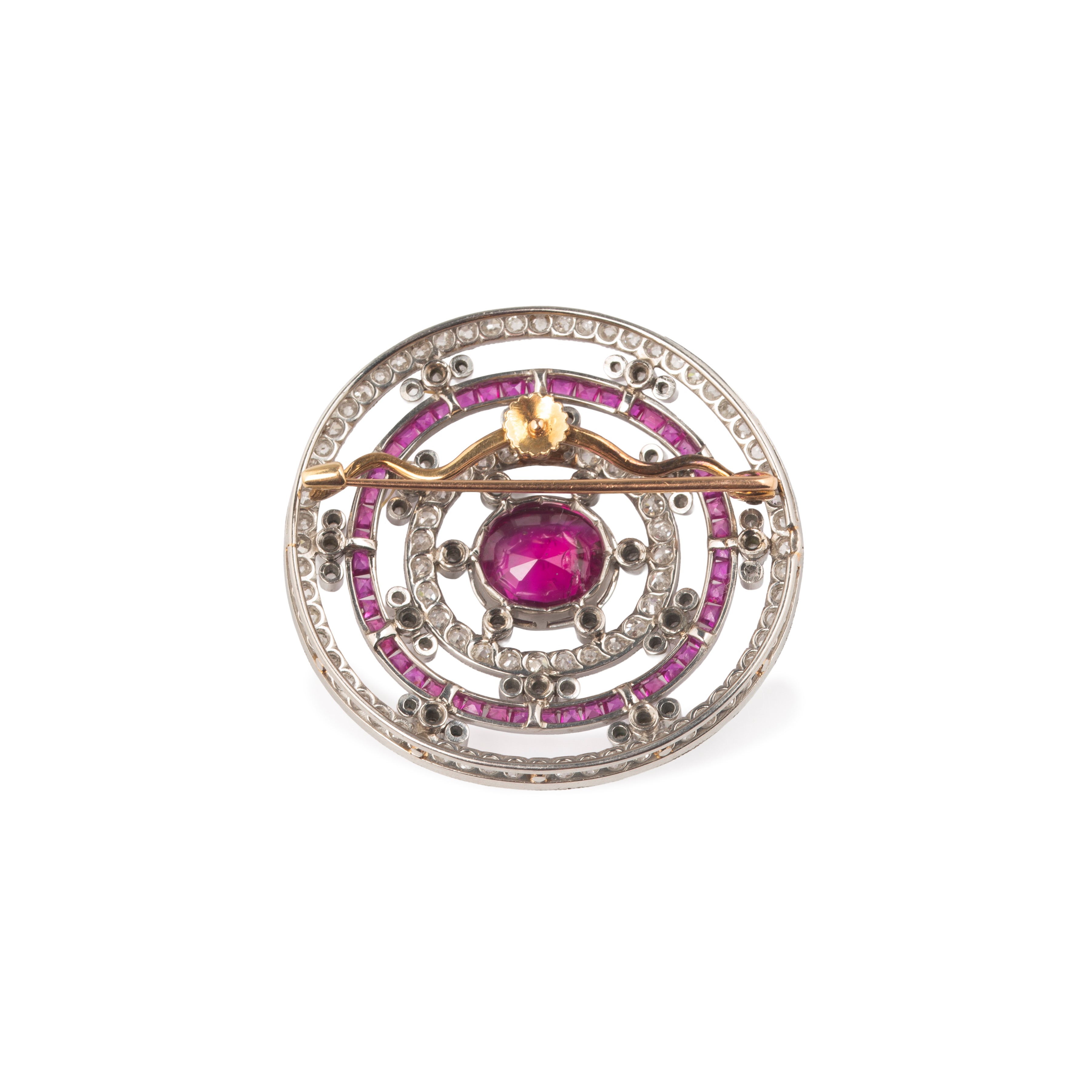 Grande spilla in platino e oro giallo 18 kt con rubino birmano naturale e diamanti