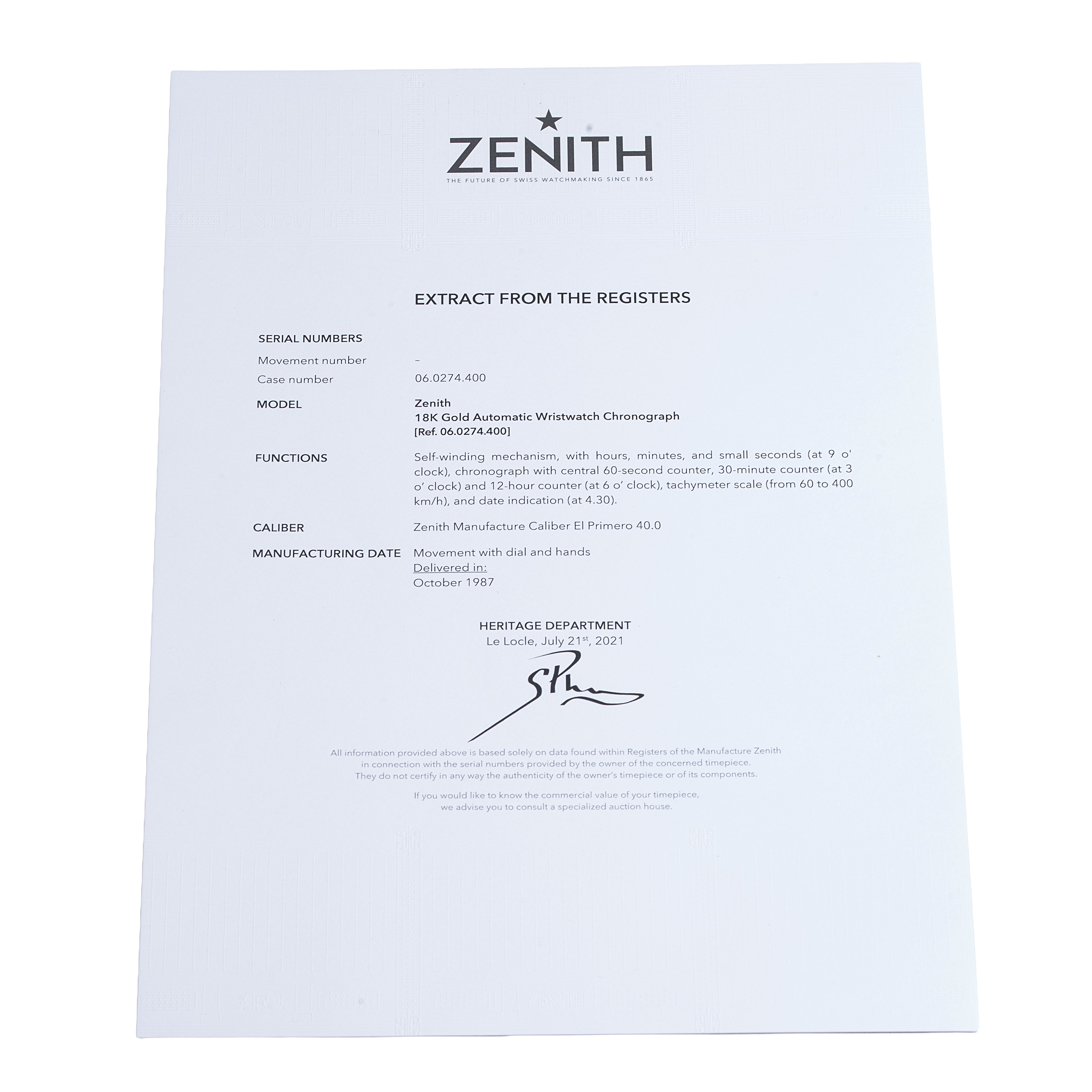 Zenith - Orologio da polso Chronograph Ref. 06.0274.400 in oro giallo 18 kt